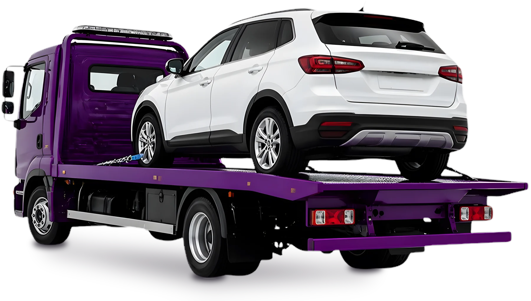 Guincho plataforma roxo levando um SUV
